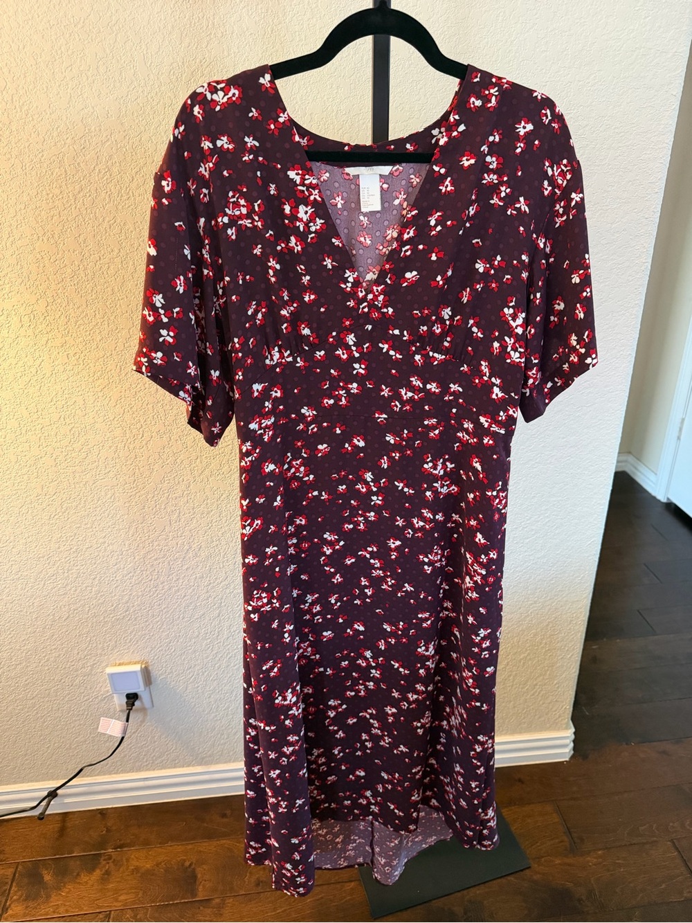 H&M Burgundy Floral V-Neck Midi Dress with Red & White Accents